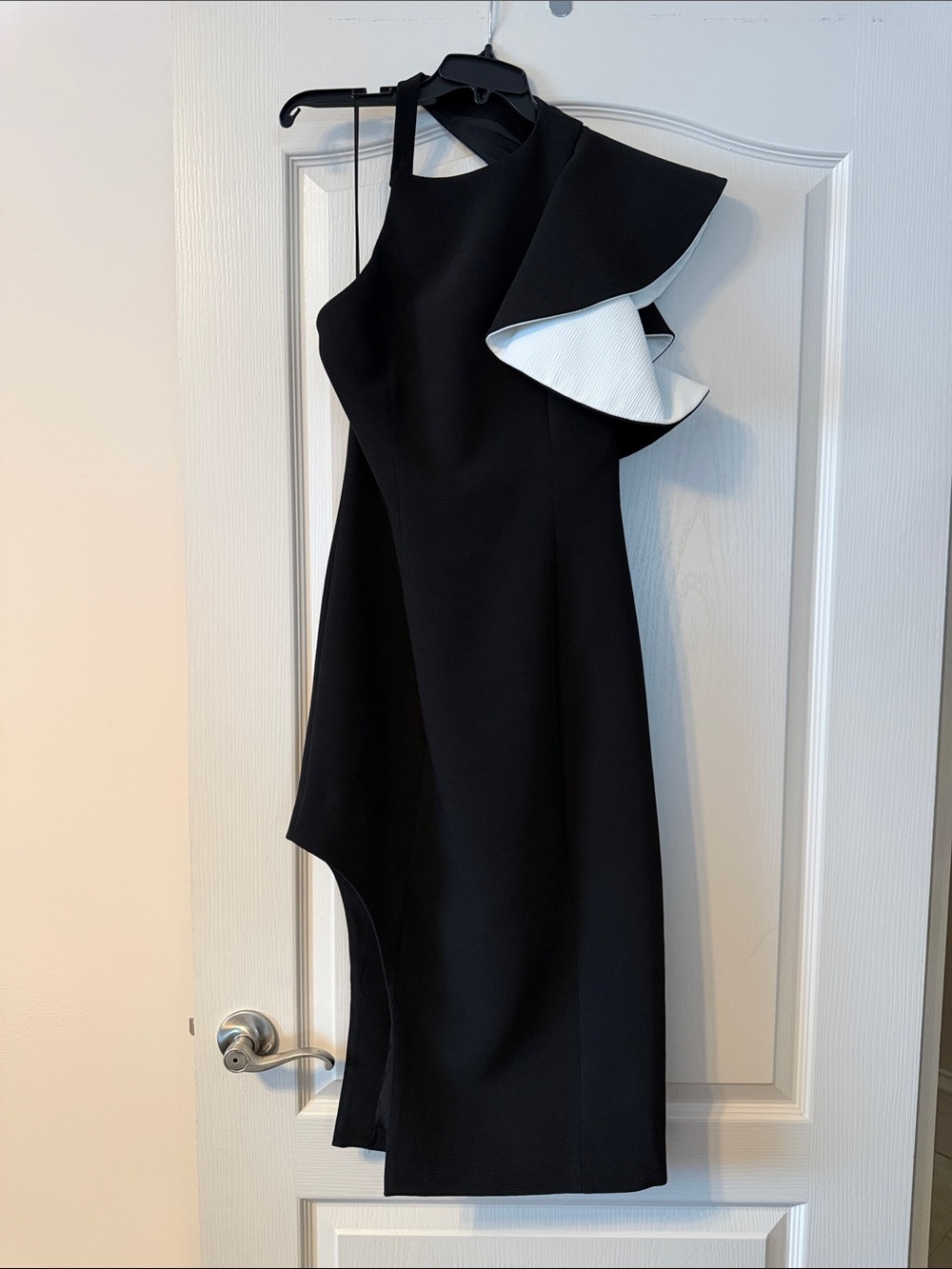 C/MEO Collective Black Asymmetrical One-Shoulder Dress with White Ruffle